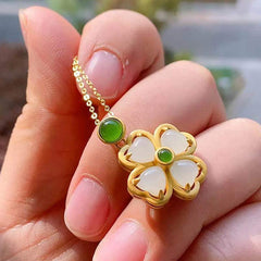 925 Sterling Silver Lucky Four Leaf Clover Jade Prosperity Necklace Pendant