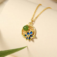 925 Sterling Silver Natural Cyan Jade Flower Luck Necklace, Pendant, Ring, and Earrings Set