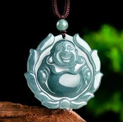 Renbeads Natural Jade Laughing Buddha Lotus Pattern Luck Necklace Pendant