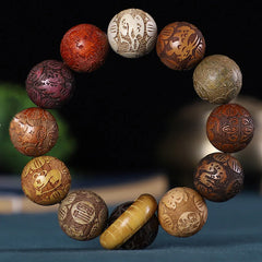Renbeads Chinese Zodiac Rosewood Green Sandalwood Ebony Wood Copper Coin Carved Calm Bracelet