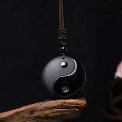 Black Obsidian Five Sacred Mountains Nine Character Mantra Carved Yin Yang Necklace Pendant