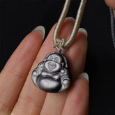 Natural Silver Sheen Obsidian Laughing Buddha Protection Necklace Pendant