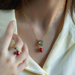 925 Sterling Silver Plated Gold Cinnabar Pearl Flower Jewelry Set