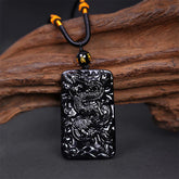 Natural Black Obsidian Rectangular Dragon Engraved Necklace Pendant