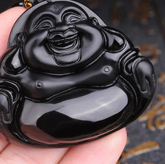 Laughing Buddha Black Obsidian Pendant Necklace