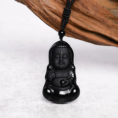 Renbeads Natural Black Obsidian Crystal Buddha Strength Protection Amulet Lucky Charm Pendant Necklace