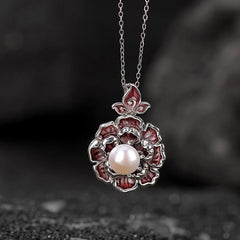 999 Sterling Silver Peony Flower Pearl Healing Necklace Pendant