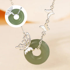 925 Sterling Silver Natural Jade Peace Buckle Butterfly Luck Prosperity Bracelet Necklace Pendant