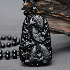 Black Obsidian Koi Fish Engraved Beaded Necklace Pendant
