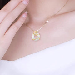 925 Sterling Silver Peace Buckle Ginkgo Leaf Necklace Pendant with Jade