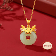 925 Sterling Silver Hetian Jade Chinese Zodiac Year of the Dragon Red Agate Luck Protection Necklace Pendant
