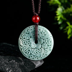 Green Jade Flower Carved Peace Buckle Abundance Necklace Pendant