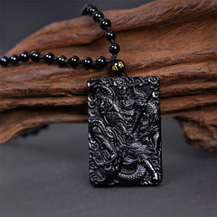 Black Obsidian Engraved Strength Amulet Necklace Pendant