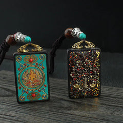 Tibet God of Wealth Money Tree Golden Phoenix Thangka Ebony Necklace Pendant