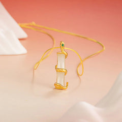 925 Sterling Silver Snake and Bamboo Growth Necklace Pendant with Hetian Jade