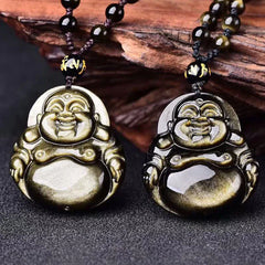 Laughing Buddha Gold Sheen Obsidian Wealth Necklace Pendant