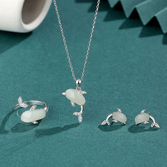 925 Sterling Silver Cute Dolphin Jade Red Agate Luck Necklace Pendant Ring Earrings Set