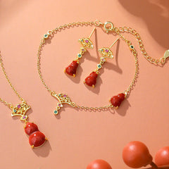 925 Sterling Silver Red Agate Gourd Auspicious Clouds Jewelry Set (Bracelet, Necklace Pendant, Earrings)