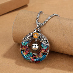 Year of the Dragon Colorful Double Dragons Playing Bead Copper Necklace Pendant