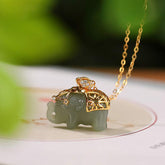 925 Sterling Silver Jade Elephant Blessing Fortune Necklace Pendant