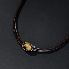 Natural Tiger Eye Ellipse Protection Wax Rope Necklace Pendant