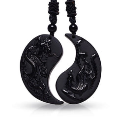 Black Obsidian Yin Yang Dragon Phoenix Luck Necklace Pendant