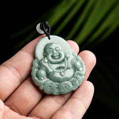 Laughing Buddha Natural Jade Copper Coin Abundance Necklace Pendant