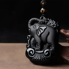 Black Obsidian Elephant Protection Necklace Pendant Keychain