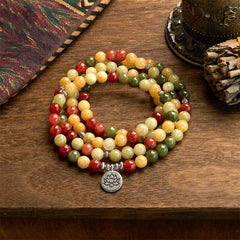 108 Mala Beads Natural Colored Stone Bracelet with Topaz, Red Jasper, Green Jasper and Lotus Design