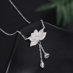 999 Sterling Silver Lotus Flower Pod Carved Enlightenment Necklace Pendant