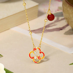 925 Sterling Silver Four Leaf Clover Koi Fish Red Agate Pearl Wealth Jewelry Set