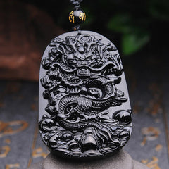 Black Obsidian Stone Dragon Fulfilment Pendant Necklace