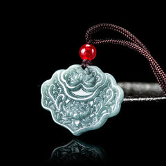 Lotus Pattern Carved Jade Abundance Prosperity Necklace Pendant with Rope