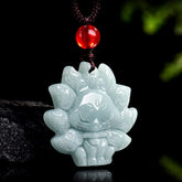 Natural Green Jade Nine Tailed Fox Abundance Necklace Pendant