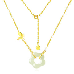 925 Sterling Silver Butterfly Jade Flower Blessing Necklace Pendant