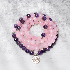 Renbeads Natural Rose Quartz & Amethyst Mala Bead Lotus Pendant Bracelet