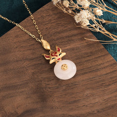 White Jade Fox Copper Coin Protection Luck Necklace Pendant