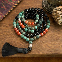 Renbeads 108 Mala Natural Black Onyx Red Jasper Turquoise Beads Buddha Head Tassel Protection Bracelet