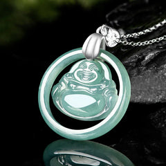 925 Sterling Silver Natural Jade Round Laughing Buddha Abundance Necklace Pendant