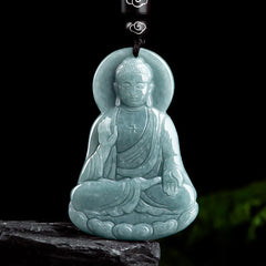Amitabha Buddha Natural Jade Lotus Amulet String Necklace Pendant
