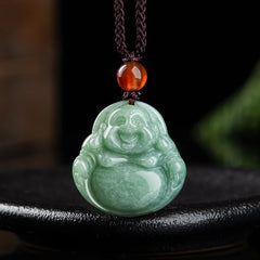 Laughing Buddha Cyan Jade Success Necklace Pendant