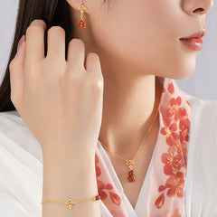 925 Sterling Silver Red Agate Gourd Auspicious Clouds Jewelry Set (Bracelet, Necklace Pendant, Earrings)