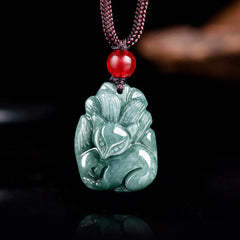 Natural Green Jade Nine-Tailed Fox Engraved Prosperity Necklace Pendant