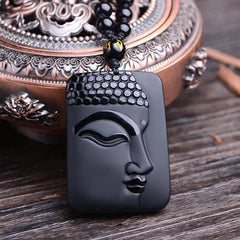 Natural Black Obsidian Buddha Prayer Purification Luck Pendant Necklace