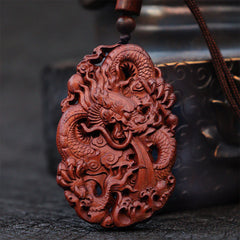 Lightning Struck Jujube Wood Double Dragon Relief Necklace Pendant for Warding Off Evil