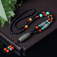 Tibetan Nine Eye Dzi Bead Dragon Pattern Om Mani Padme Hum Necklace Pendant