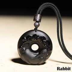Chinese Zodiac Natural Black Obsidian Peace Buckle Strength Necklace Pendant