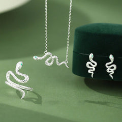 925 Sterling Silver Snake-themed Calm Jewelry Set (Necklace Pendant, Ring, Earrings)