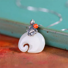Renbeads White Jade Elephant Lotus Protection Necklace Pendant