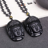 Natural Black Obsidian Bodhisattva Strength String Necklace Pendant